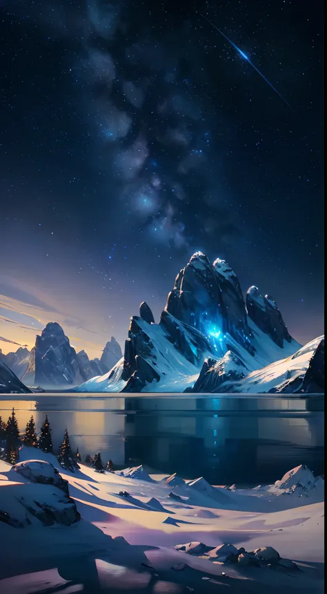 Starry Sky with Mountains and Lake, Jessica Rossier, Inspired by Jessica Rossier, Jessica Rossier Fantasy Art, Concept Art Magic Highlights, Official Artwork, Dream Painting, Ethereal Realm, Atmospheric artwork, dreamy matte paintings, serene endless stars...