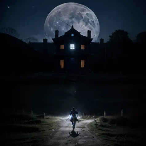 Blue Samurai, ghost, Walk with wolves in haunted villages, Night sky, full moon, Realistic, Full-HD, Best quality