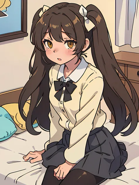 minami kotori, 1girl, solo, masterpiece, 1girl, best qualiti, ultra detail, (shiny), school uniform, ((bedroom)), indoors, bed, blush, ray tracing, perfect lighting, (shiny skin:1.2),reflection, long_hair, looking_at_viewer, blush, skirt, ribbon, twintails...