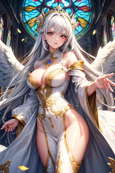 (Masterpiece, Master Quality, Hi-Res, Super Detail: 1.4),(Lovely hands, perfect hands, delicate fingertips: 1.4),(Fantastic light, sparkling light: 1.4),(White wings, three pairs of wings, large wings: 1.5),(Glowing floating soul),(Dancing petals: 1.4),(Ar...