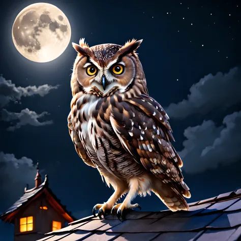 An owl perched on the roof、natta、Full Moon Night、Halloween、