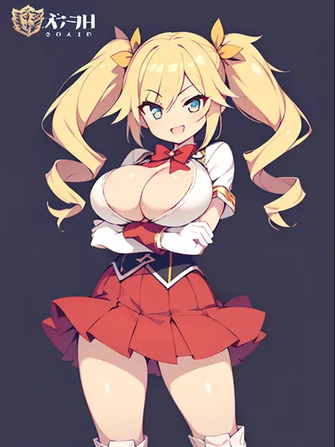 character sheet, Highly detailed and realistic CG, Colorful, Masterpiece, Best Quality, jewel-like eyes, 1girl, solo, blond hair, shiny hair, long twintails, drill hair, slender, skinny legs, white school uniform, layered skirt, luxury boots, amber eyes, h...