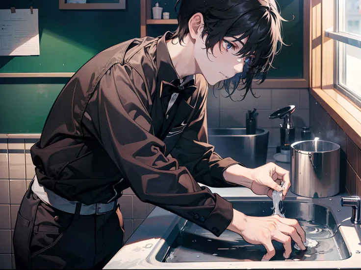 a handsome highschool boy with black and messy hair washing his hand at sink  back shadow, school uniform