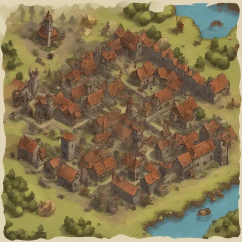 Medieval Town Stop Telling Tabletop, where it is completely destroyed, Protective walls around, zombies, It has a machine-gun type mechanism, It has a style, which reflects a fantasy RPG city,