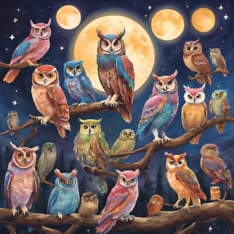 owls、full moon night、colorful owl、harry potter、owls、magic owl、a magical world、fantasy world、