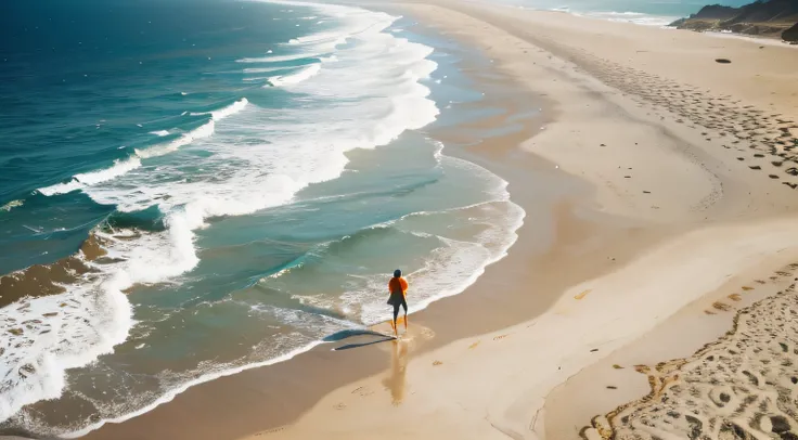 a person walks along the beach at low tide, in the style of ed freeman, light gold and orange and deep blue, aerial view, thiago valdi, yanjun cheng, 32k uhd, national geographic photo