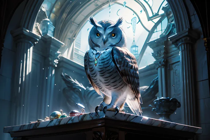 Close up of A ((jewelry owl)), made with silver and many precious stones, on a small marble table, reflecting the moonlight that enters through the window, nighttime. Highly detailed, photorealistic.