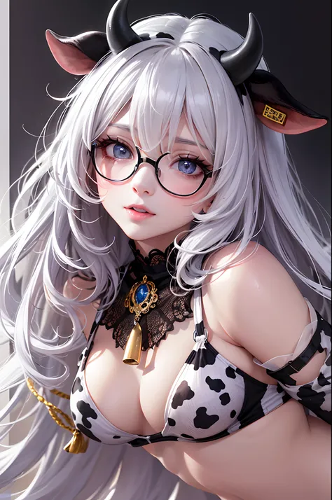 16K Ultra High Definition
Super detailed
The best of the best
Shiny God, Detailed hair
Beautiful human woman with long hair
Super Big　Unripe々sexual feeling
Sexy underwear with black and white cow print
Cow ears and small horns
Shiny skin
Red cheeks
Moistur...