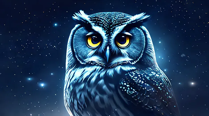 A captivating image of a beautiful owl at night, the moons gentle light illuminates the owls piercing eyes, the surroundings are shrouded in darkness, a sense of solitude and the owls connection with the night, Illustration, digital art,