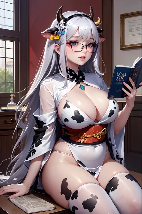 16K Ultra High Definition
Super detailed
The best of the best
Lustrous and detailed hair
Beautiful human woman with long hair
Super Big　Voluptuous flesh
Black and white cow print kimono
Cow ears and cow small horns
Shiny skin
Red cheeks
Moisturized eyes
We...