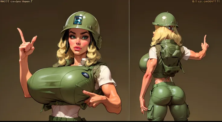 ((pointing:1.4)), (sexy ((female soldier1.6))), ((green combat helmet helmet:1.5)) wearing ((khaki cargo pants:1.4)), (perfect face), detailed face, (symmetrical eyes), perfect nose, ((open cargo vest:1.3)), wearing ((lace bra:1.4)) that barely covers the ...