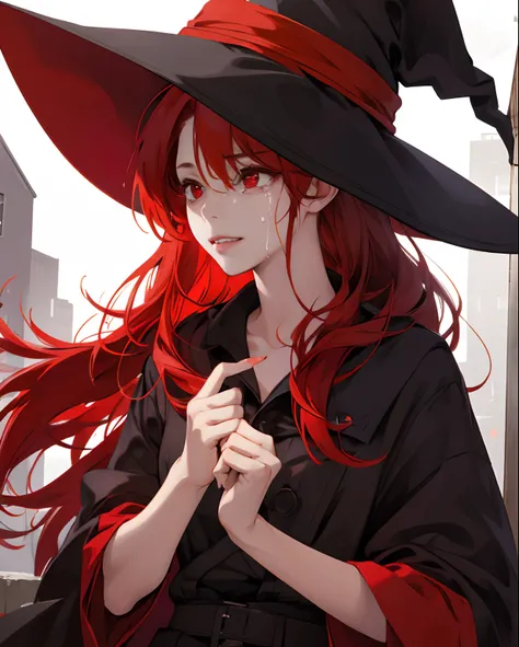 A girl crying with red hair and red eyes and a hat like a witch