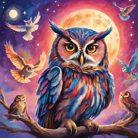 owls、full moon night、colorful owl、harry potter、owls、magic owl、a magical world、fantasy world、