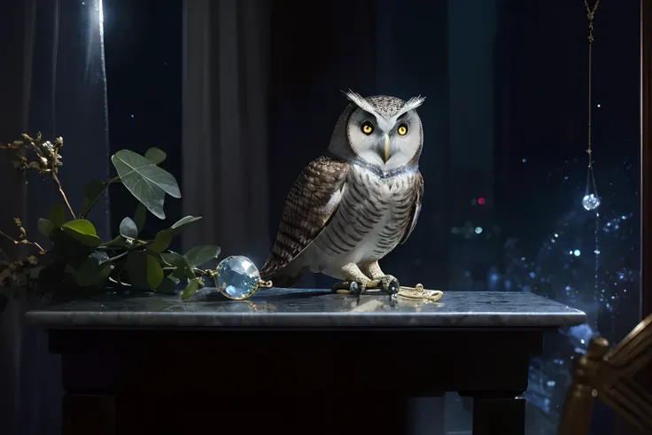 Close up of A ((jewelry owl)), made with silver and many precious stones, on a small marble table, reflecting the moonlight that enters through the window, nighttime. Highly detailed, photorealistic.