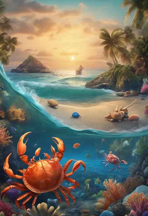 Best quality, Masterpiece, Graphic design，cartoony，crabs，shrimps，sea horse，the shark，Turtlen，bombs，diamonds