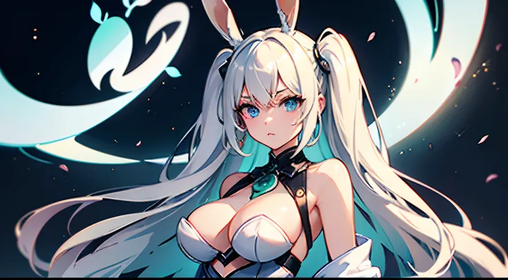 ((Best Quality)), (ultra-detailliert), ((Extremely detailed)), (Beautiful), ((Kawaii Girl)),(two side up hair)、((masutepiece)),Platinum Blonde Hair,Long hair, hair between eye, Wavy Hair, Long sideburns,Jade-colored eyes, White skin,Colossal tits、Rabbit ea...