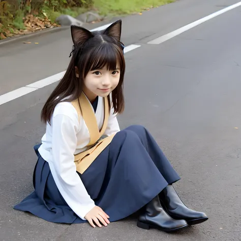 Beautiful girl like a cat,hakama,japanes,The long-haired,japanes,About 10 years old,full body Esbian,Bangs are pulled down,long boots、long  skirt、tights