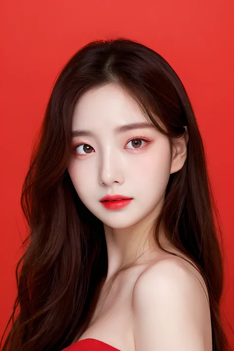 Close-up of a woman with long hair,popular south Korean makeup, pale round face, beautiful aesthetic face, With glowing red eyes., popular Korean makeup, wan adorable korean face, Pale radiant skin, jinyoung shin, headshot profile picture