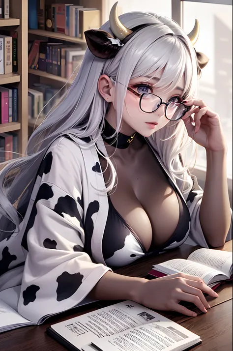 16K Ultra High Definition
Super detailed
The best of the best
Shiny detailed hair
Beautiful human woman with long hair
Super Big　plump meat
Black and white cow print kimono
Cow ears and cow small horns
Shiny skin
Red cheeks
Moisturized eyes
Wearing glasses...