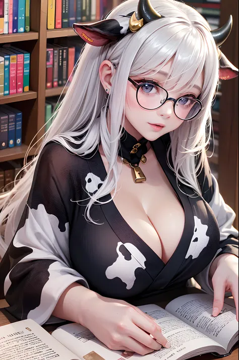 16K Ultra High Definition
Super detailed
The best of the best
Shiny detailed hair
Beautiful human woman with long hair
Super Big　plump meat
Black and white cow print kimono
Cow ears and cow small horns
Shiny skin
Red cheeks
Moisturized eyes
Wearing glasses...