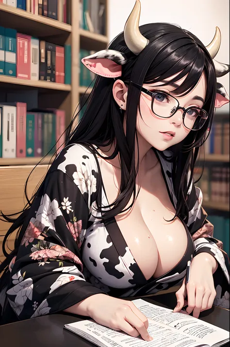 16K Ultra High Definition
Super detailed
The best of the best
Shiny detailed hair
Beautiful human woman with long hair
Super Big　plump meat
Black and white cow print kimono
Cow ears and cow small horns
Shiny skin
Red cheeks
Moisturized eyes
Wearing glasses...