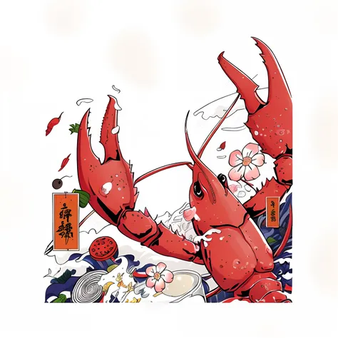 There is a red lobster, lobster, crustacean, headcrab, crabcore, crabs, Japanese cartoon style, shikishi, Japanese illustration, full color digital illustration, in the art style of ukiyo - e, ukiyo-style, 256x256, 2 5 6 x 2 5 6