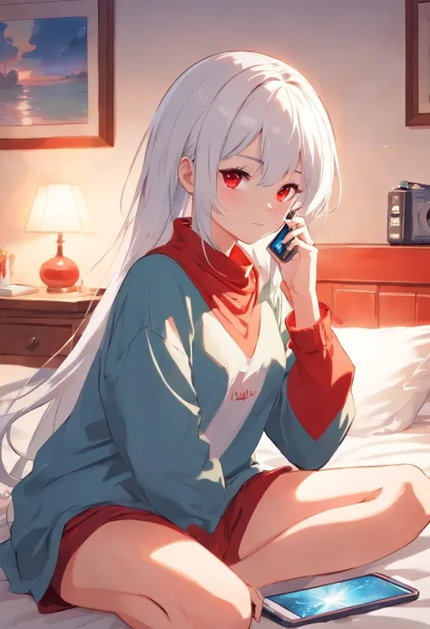 Girl with white hair and red pupils，Wearing cartoon long sleeves and long pants, Sitting on bed playing with mobile phone