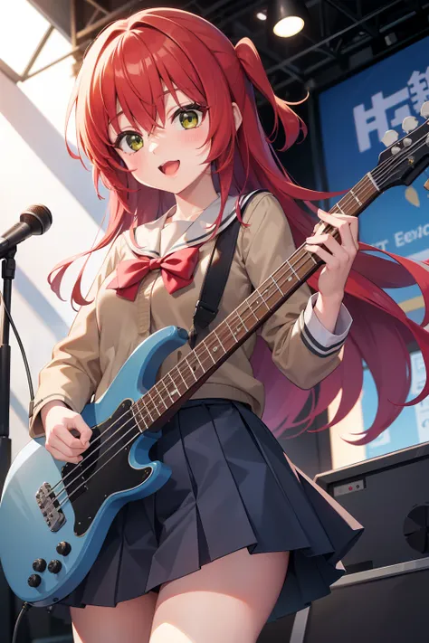 masterpiece, hd, best quality, 1girl,kuniform, 2d, red hair, green eyes, playing blue electric bass guitar, stage, school unifor...