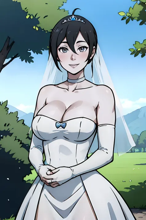 wiifittrainer, hair between eyes, ahoge, pale skin, grey eyes, grey hair, star (symbol), hair ornament, dress, cleavage, bare shoulders, collarbone, long white elbow gloves, white gloves, white dress, white choker, strapless, tiara, veil, strapless dress, ...