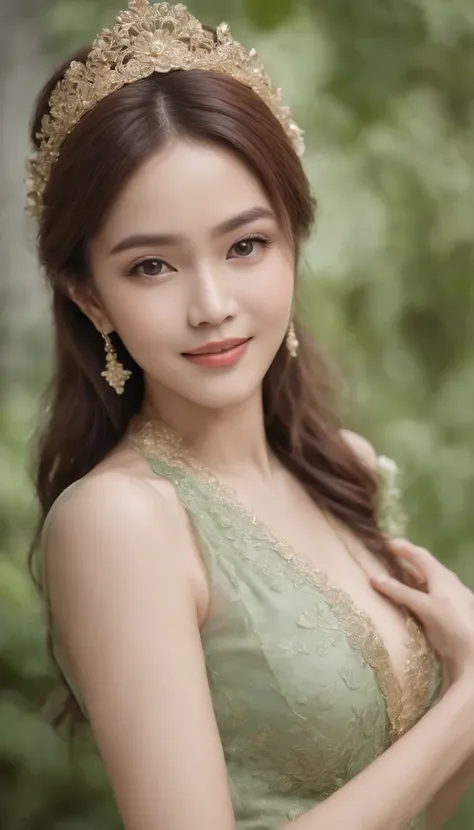 myth,argent,Kebaya,sscroll,batik,Sleeveless, Treasure,universe, Face the camera, Smile, 19 year old girl, Cute Girl, Beautiful Girl, Indonesian model, White healthy skin, Delicate eyes, Tied hair, Ethnic Earrings, flower tiara, Full body photo, Ultra-reali...