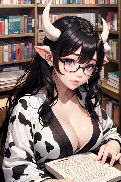 16K Ultra High Definition
Super detailed
The best of the best
Shiny detailed hair
Beautiful human woman with long hair
Super Big　plump meat
Black and white cow print kimono
Cow ears and cow small horns
Shiny skin
Red cheeks
Moisturized eyes
Wearing glasses...