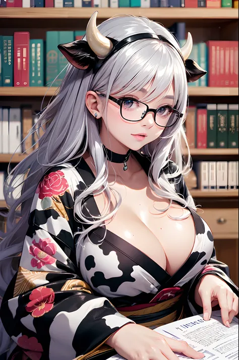 16K Ultra High Definition
Super detailed
The best of the best
Shiny detailed hair
Beautiful human woman with long hair
Super Big　plump meat
Black and white cow print kimono
Cow ears and cow small horns
Shiny skin
Red cheeks
Moisturized eyes
Wearing glasses...