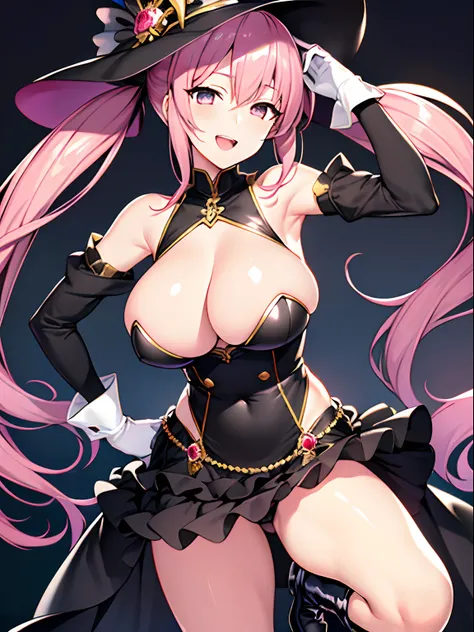 character sheet, Highly detailed and realistic CG, Colorful, Masterpiece, Best Quality, jewel-like eyes, 1girl, solo, pink hair, shiny hair, very long twintails, slender, skinny legs, black magicalgirl costume, layered skirt, luxury boots, black eyes, big ...