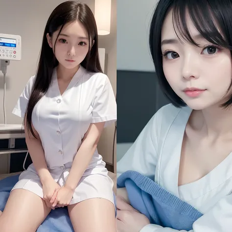 Steppiece、(Futuristic hospital room with dazzling blue LED lighting)、Near future wards、((Nursing Assistant))。(White nurse uniform:1.5)。40k、a picture、​masterpiece、top-quality、(Gorgeous black hair)。de pele branca、Beautiful Japan woman in different poses、((so...