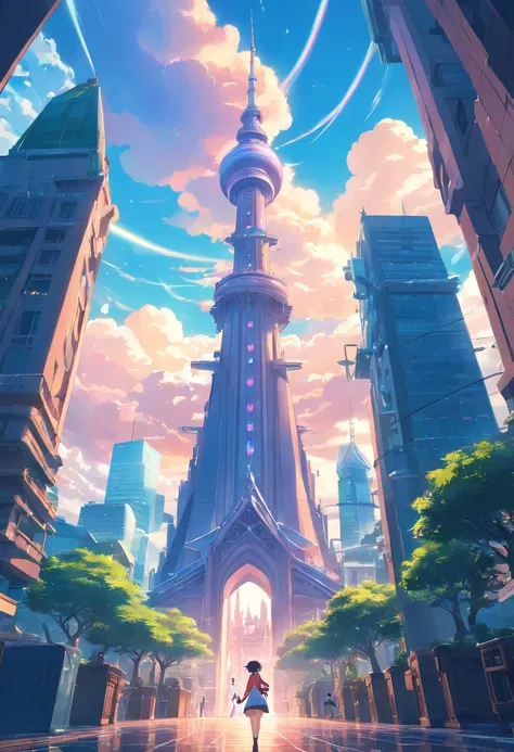 Fantasy Tower of the Land, Sky-high buildings, MagicWorld, cloud, A tower surrounded by magical elements, Magical creatures, Magic Beast, Cinematic, intricately and hyper-detailed, (ultra-detailed CG unity 8k Wallpaper), Shot from below, low angles, one-po...