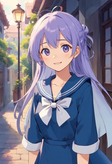 1girl,light purple hair,grey eyes,blunt bangs,hime cut,long hair,clothed big breasts, hair ornament,smile,open mouth,bag,dress,school uniform,school bag,^_^,neckerchief,facing viewer,sailor collar,(indigo dress:1.3),indigo sleeves,sailor dress,long sleeves...