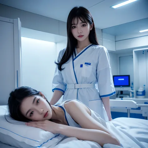 Steppiece、(Futuristic hospital room with dazzling blue LED lighting)、Near future wards、White nurse uniform、a picture、​masterpiece、top-quality、(A dark-haired)。de pele branca、Beautiful Japan woman in different poses、hyperdetailed face、A detailed eye、Near Fut...