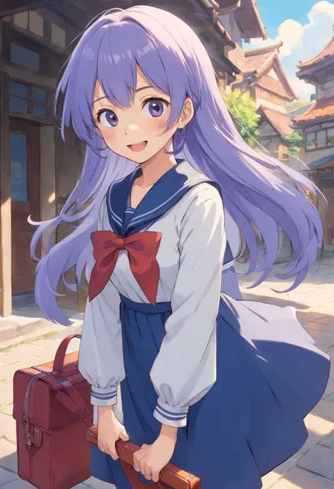 1girl,light purple hair,grey eyes,blunt bangs,hime cut,long hair,clothed big breasts, hair ornament,smile,open mouth,bag,dress,school uniform,school bag,^_^,neckerchief,facing viewer,sailor collar,(indigo dress:1.3),indigo sleeves,sailor dress,long sleeves...