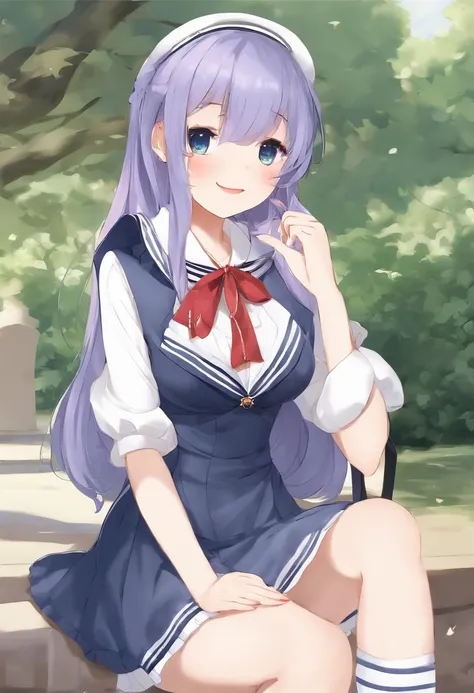 1girl,light purple hair,grey eyes,blunt bangs,hime cut,long hair,clothed big breasts, hair ornament,smile,open mouth,bag,dress,school uniform,school bag,^_^,neckerchief,facing viewer,sailor collar,(indigo dress:1.3),indigo sleeves,sailor dress,long sleeves...