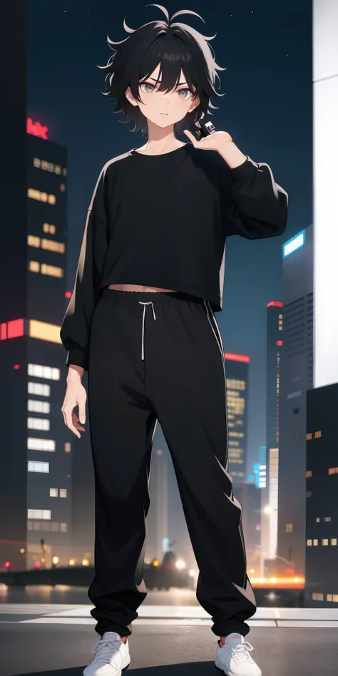 Man, ((black hair)), ((messy hair)), short hair, ((silver eyes)), seriously face, black shirt, sweatpants, night city in background, shape natural boddy, telephone in hand