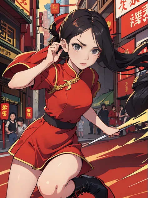 best quality, masterpiece, highres, wuxia 1girl, red china dress, red bow, black biker shorts, super gorgeous face, super gorgeous eye, super gorgeous hair, kung-fu fight, boots, full body shot, chinatown street backdrop