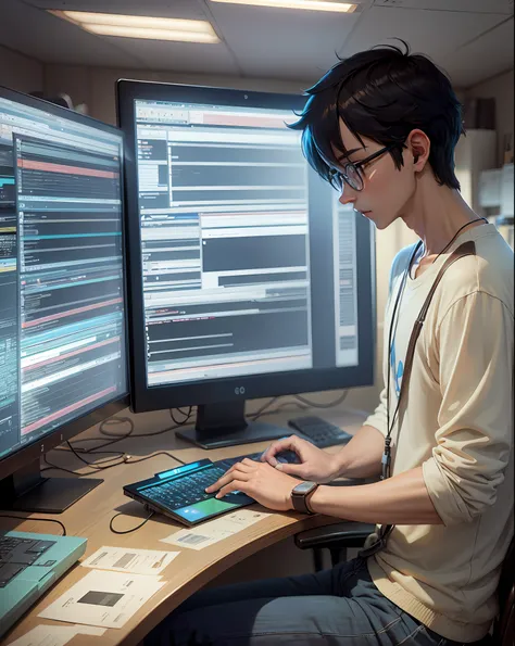 a nerdy boy is programming at a computer in a room full of gadgets, by makoto shinkai and ghibli studio, dramatic lighting, highly detailed, incredible quality --auto --s2