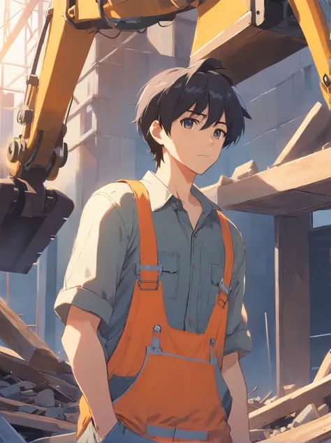 Lossless HD、4K、Excellent quality、Young men、with short black hair、Gray overalls、hardhat、Dirty clothes、Shovel in hand、Work on the construction site