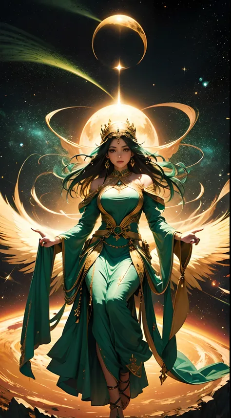 Goddess floating in space　high-level image quality　Delicate costumes　Religious　golden colored　Green black hole　detaileds