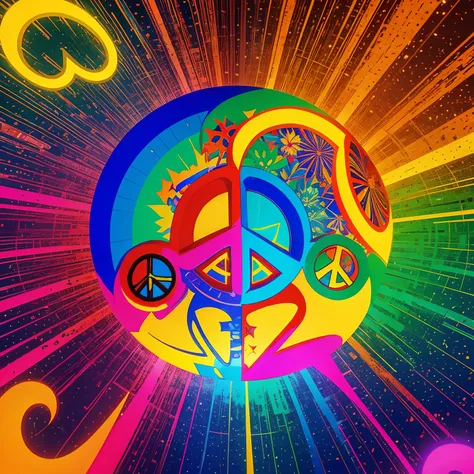 Random, psychedelic, peace sign peace ☮️ in the style of Peter max