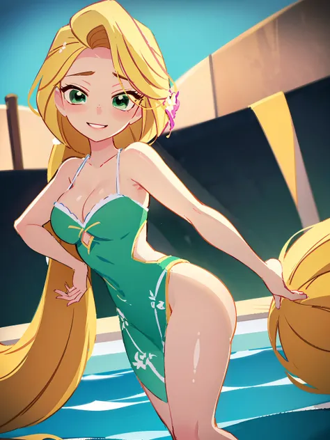 (masterpiece, best quality, high resolution: 1.5) Rapunzel stands up in the pool, faces the viewer, and bends over flirtatiously , exposing some cleavage as Raprnzul shyly smiles. rapunzel, stands in the pool, faces the viewer, green island outfit, (loose ...