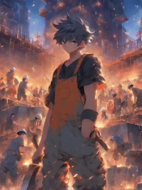 Lossless HD、4K、Excellent quality、Young men、with short black hair、Gray overalls、Wear a hard hat on your head、Dirty clothes、With a shovel in his hand、Work on the construction site