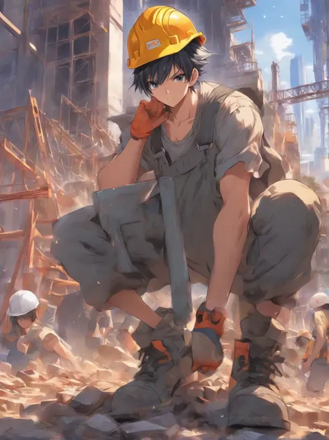 Lossless HD、4K、Excellent quality、Young men、with short black hair、Gray overalls、Wear a hard hat on your head、Dirty clothes、With a shovel in his hand、Work on the construction site