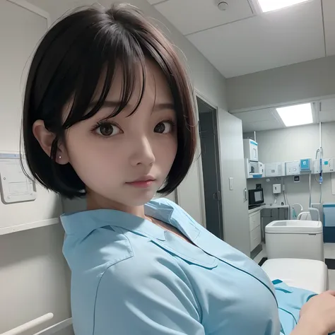 Cyan LED Lighting、Future、Hospital Room、Near Future Ward、Nurse、White nurse uniform、a picture、​masterpiece、top-quality、Black Hair Bob、de pele branca、Beautiful Japan woman in different poses、hyperdetailed face、A detailed eye、Near Future Ward、Comfortable hospi...