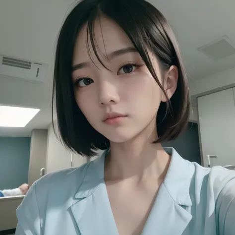 Cyan LED Lighting、Future、Hospital Room、Near Future Ward、Nurse、White nurse uniform、a picture、​masterpiece、top-quality、Black Hair Bob、de pele branca、Beautiful Japan woman in different poses、hyperdetailed face、A detailed eye、Near Future Ward、Comfortable hospi...